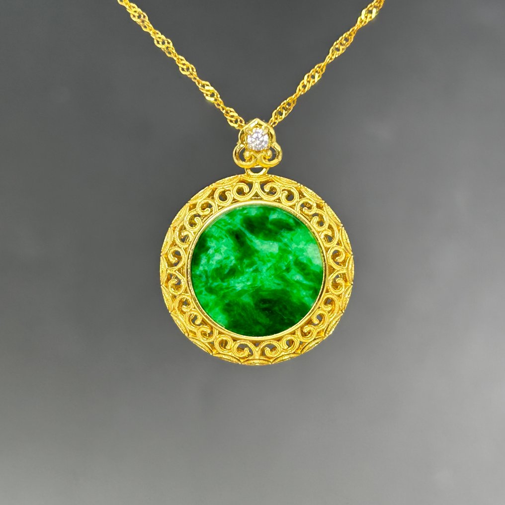 雕刻, Jade inlay S925 silver pendant and necklace - 26 mm - 认证翡翠（A-玉） #1.0