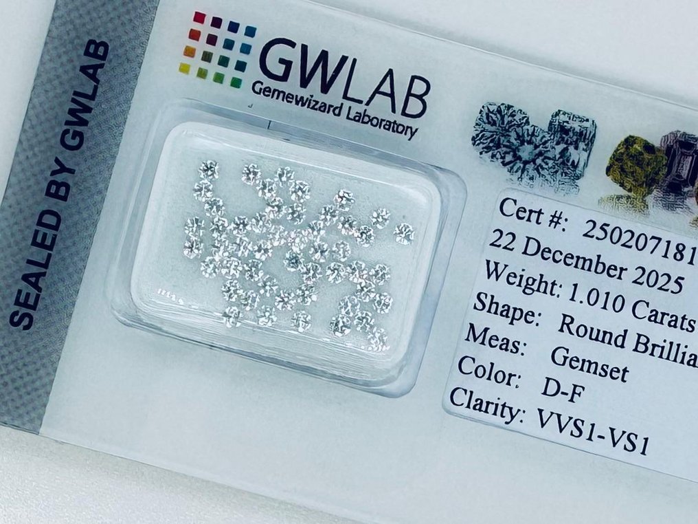 50 pcs 钻石  (天然)  - 1.01 ct - 圆形 - D (无色), E, F - VVS1 极轻微内含一级, VS1 轻微内含一级 - Gemewizard宝石实验室（GWLab） #2.1