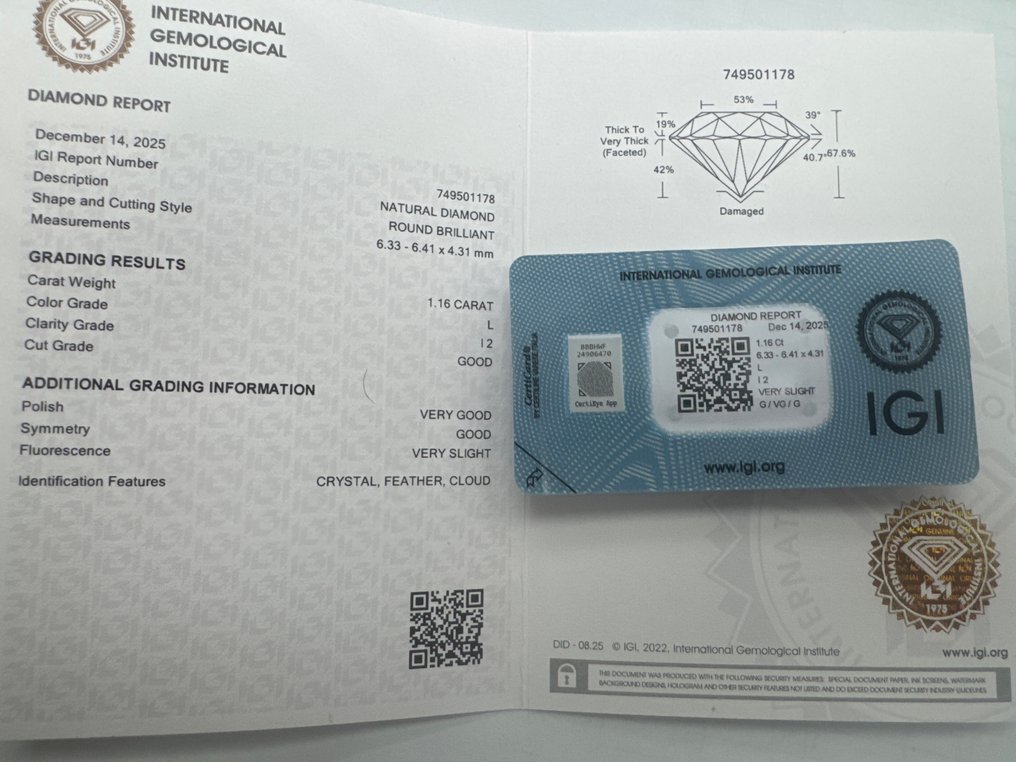 没有保留价 - 1 pcs 钻石  (天然)  - 1.16 ct - 圆形 - L - I2 内含二级 - 国际宝石研究院（IGI） #2.1