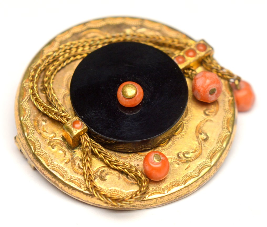 Senza prezzo di riserva - Spilla Argento, Oro riempito Onice - Corallo #1.0