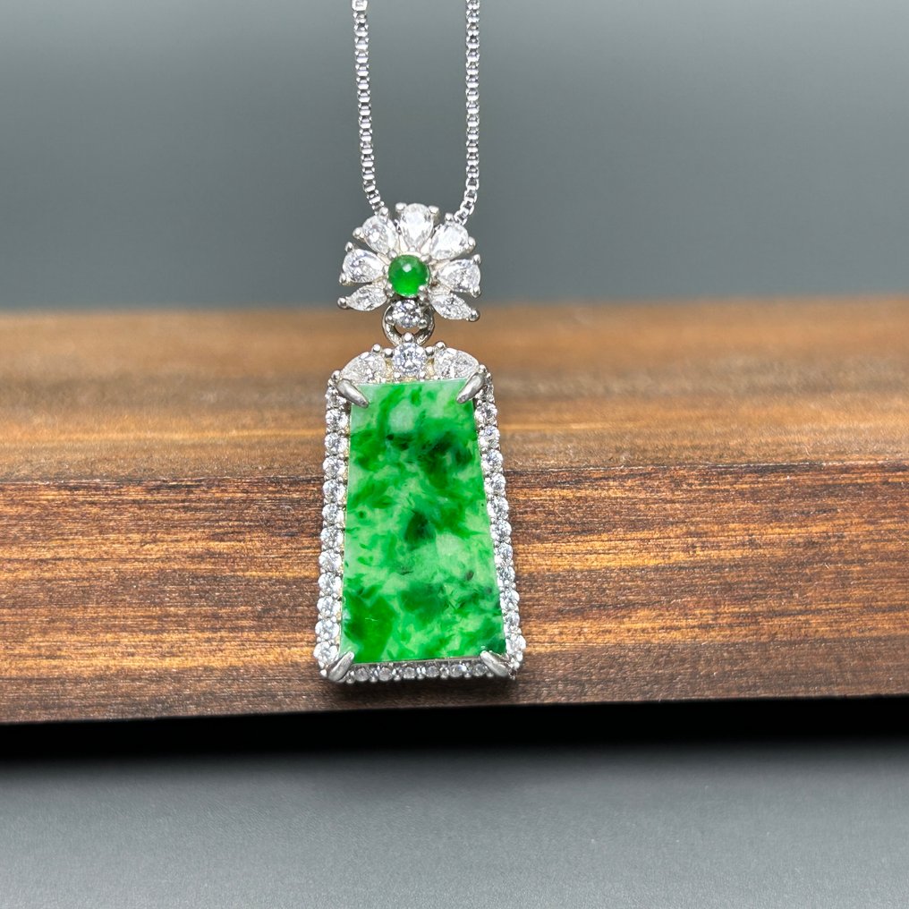 Σκάλισμα, Jade inlay S925 silver pendant - 32 mm - Πιστοποιημένο Jadeite (A-jade) #4.3