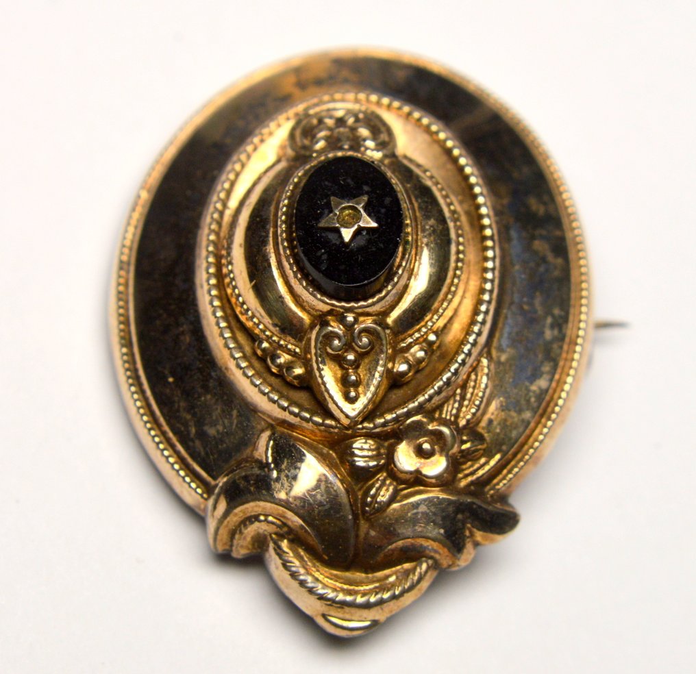 Senza prezzo di riserva - Spilla Oro placcato, argento Onice #1.0