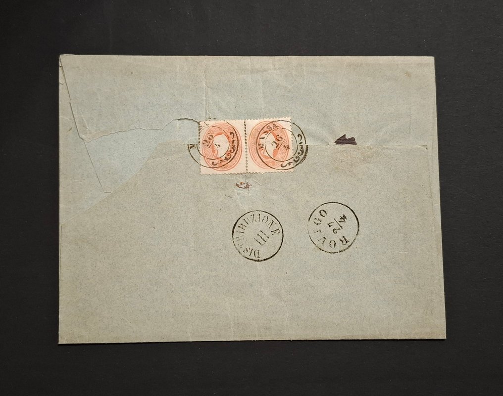 意大利古城邦- Lombardo Veneto 1861 - 从马萨寄到罗维戈的挂号信，正面有三条（5苏达利）条纹，背面有一对。稀有。 #2.1