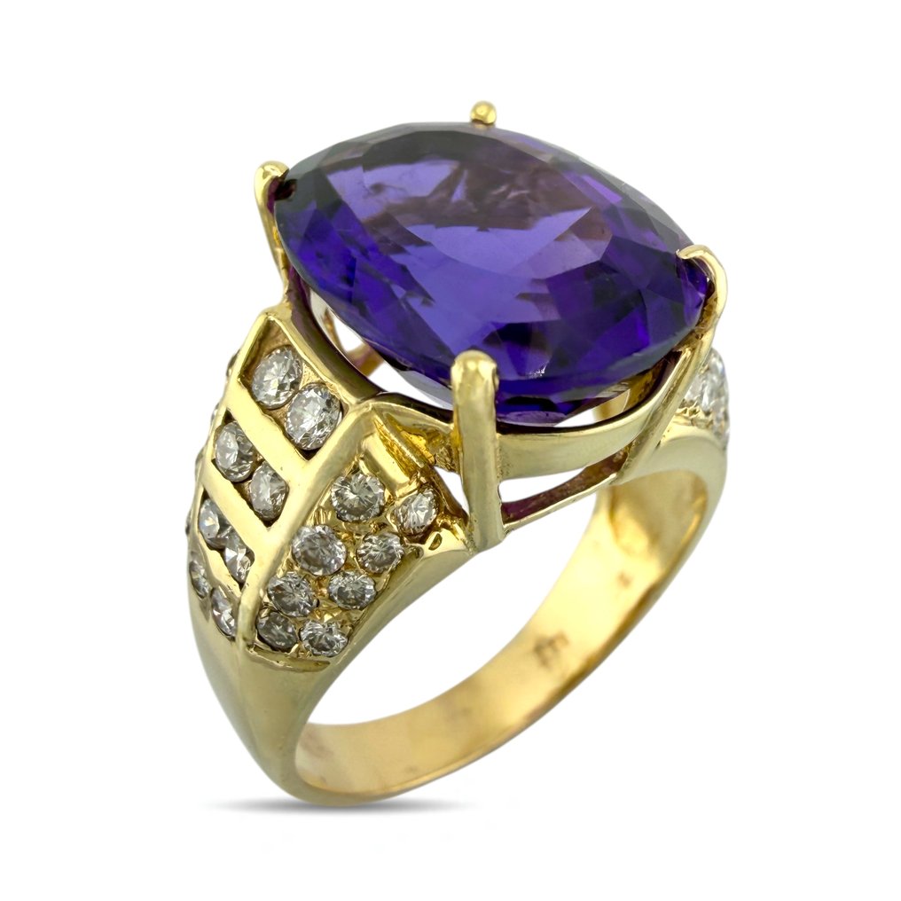 Gyűrű - 14 kt. Sárga arany, Kizárólagos 14 karátos sárga arany 9,50 karátos ametiszt és 0,96 karátos gyémánt gyűrű -  10.46ct. tw. Gyémánt (Természetes)  - Ametiszt #1.0