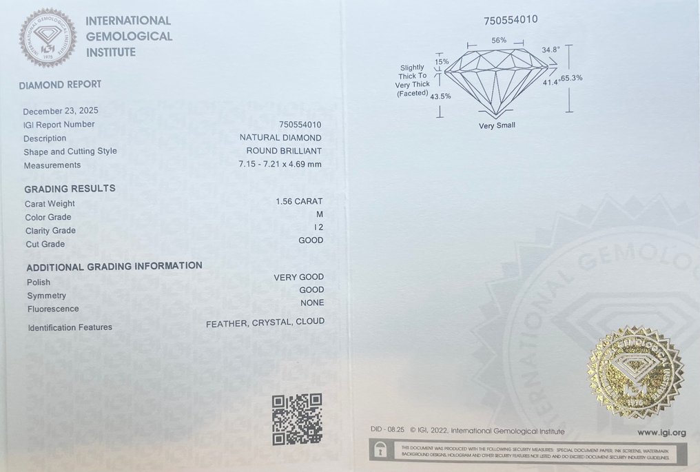 没有保留价 - 1 pcs 钻石  (天然)  - 1.56 ct - 圆形 - M - I2 内含二级 - 国际宝石研究院（IGI） #2.1