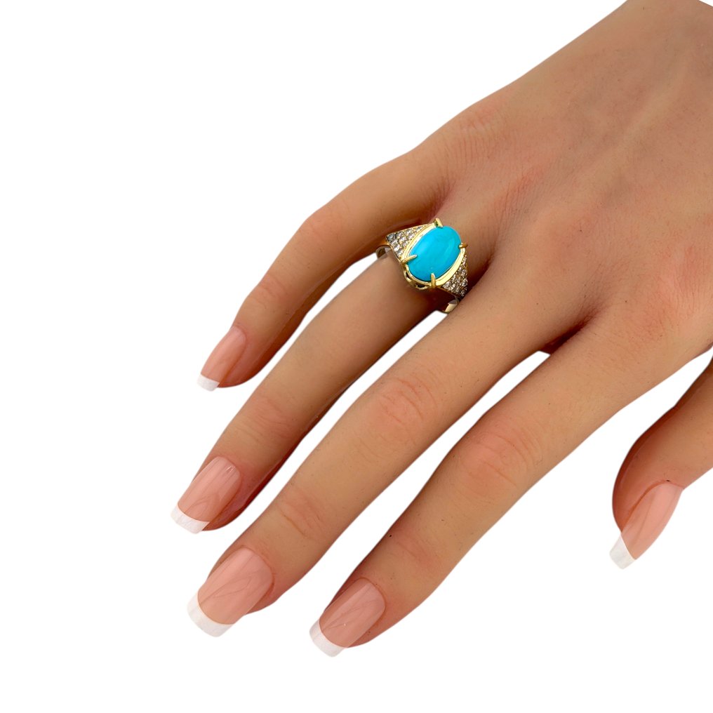 戒指 - 18K包金 黄金, 独家18K黄金绿松石与0.60克拉钻石戒指 -  0.60ct. tw. 钻石 (天然)  #3.2