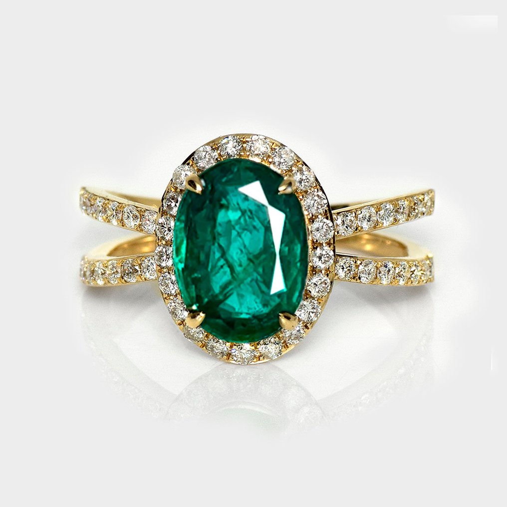 没有保留价 - 戒指 - 14K包金 黄金, HRD 2.05 克拉 强烈绿色 -  2.64ct. tw. 祖母绿 - 钻石 #1.0