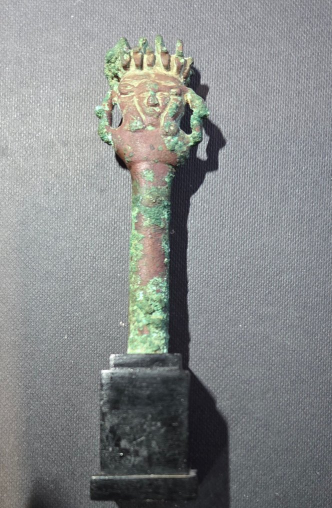 Oldtidens Egypt Bronse Sistrum-håndtak Hathor-figur #1.0