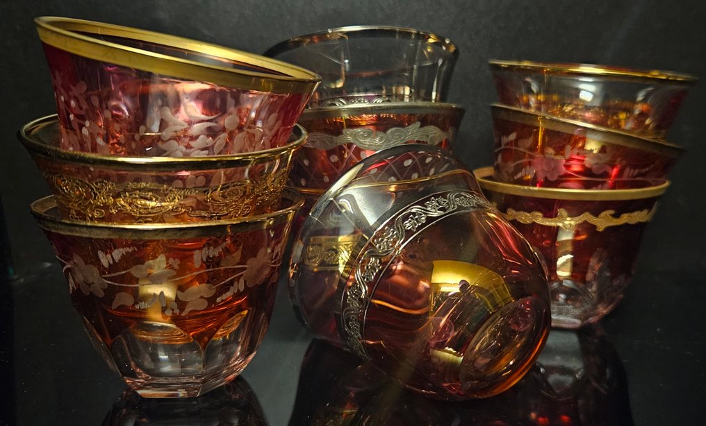 antica cristalleria italiana - Υπηρεσία ποτού (10) - Πολυτελή και πολύχρωμα κοσμήματα ποτήρια σε χρυσό. - Κρύσταλλο, Χρυσός #1.0