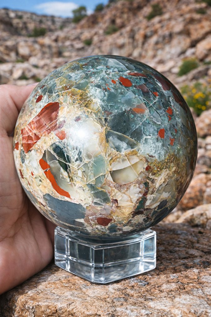 独特的天蓝宝球 – 龙血玛瑙配大型天然石英包裹 Ø 84毫米- 844 g - (1) #1.0