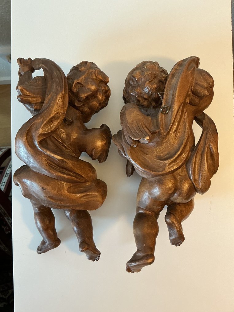 Skulptur, Wood carving. Pair of angels - 29 cm - Lønn #4.3