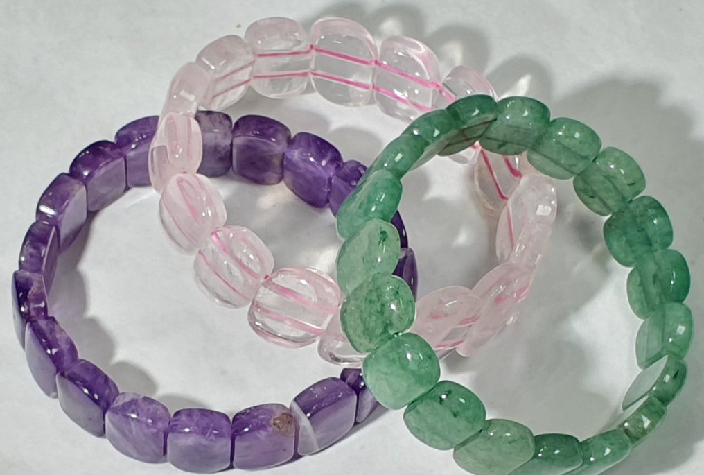 3 条天然手链：粉水晶、紫水晶和绿 Aventurina——优质矿物 - 手镯 #1.0