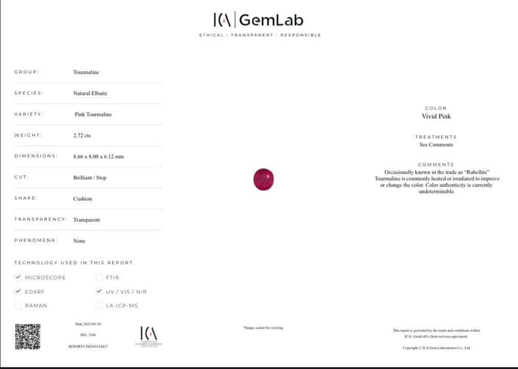 χωρίς τιμή ασφαλείας - 1 pcs Ροζ Τουρμαλίνης - 2.72 ct - Διεθνής Ένωση Έγχρωμων Πολύτιμων Λίθων (ICA GemLab) - ροζ τομαλίνης #2.1