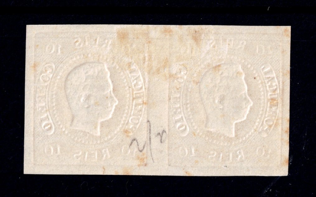 Πορτογαλία  - 1866/67 – D. Luís I. κυρτή ταινία, χωρίς δόντια. MF20, 10 réis, κίτρινο, λείο χαρτί, χωρίς δόντια. #1.0