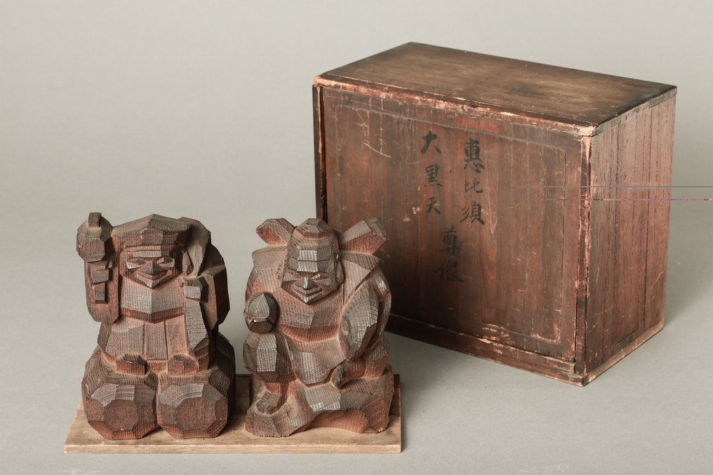 Sculptures of Daikokuten and Ebisu by Miki Sosaku (三木宗策) with Original Signed Box - Γλυπτό Ξύλο - Ιαπωνία #1.0