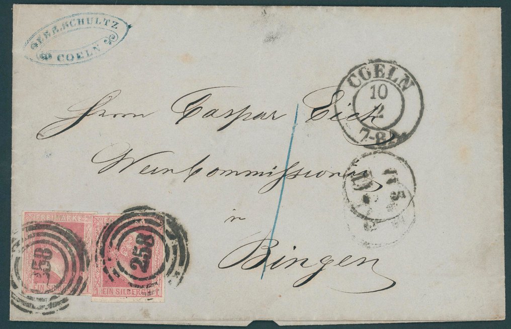 Πρωσία 1857 - Λαμβάνοντας υπόψη 3 γραμματόσημα (μονόγραμμο, ζεύγος, τριπλό στριπ) και 2 γράμματα με πολλαπλές - Lot mit 1 Sgr. glatter Markenhintergrund #2.1