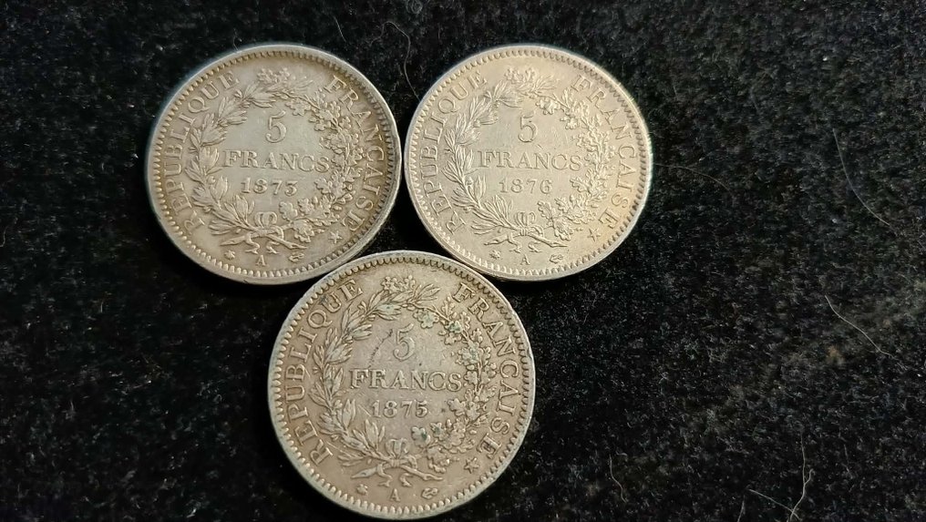 法国. 5 Francs 1873-A, 1875-A & 1876-A Hercule (lot of 3 coins) (没有保留价) #1.0
