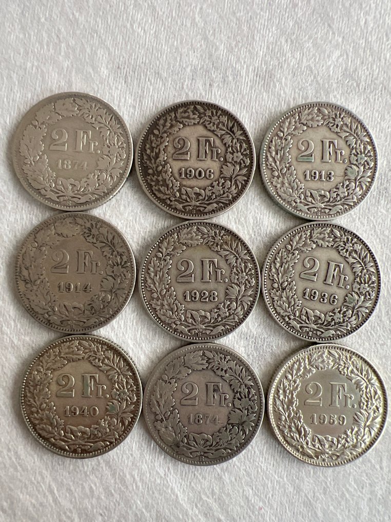 Schweiz. 2 Francs 9x 1874/1959 Helvetia standing (Ohne mindestpreis) #1.0
