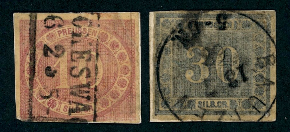 Πρωσία 1866 - 2 σύντομα τεμάχια επιστολών, 1x με 10 Sgr ροζ και 1x με 30 Sgr πράσινο-μπλε σε πολύ καλή κατάσταση - Freimarken für den Innendienst #1.0