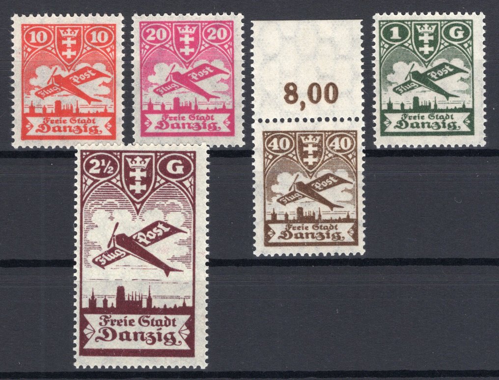 但泽 1924 - 发行航空邮票（VI） **/MNH - Michel 202/206 #1.0