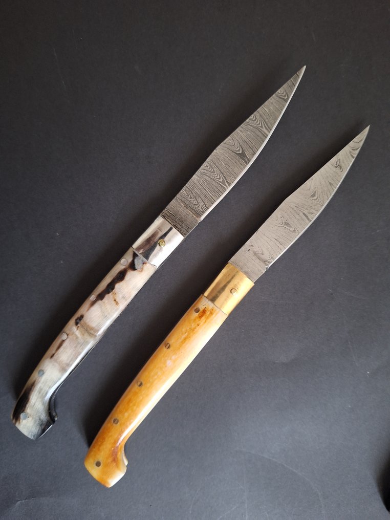 K.Roman K.Romain - Μαχαίρι κουζίνας - Kitchen knife set - Παραδοσιακά μαχαίρια κουζίνας Pattada και μαχαίρια Laguiole Bougna από Γάλλο καλλιτέχνη. - Χάλυβας, Δέρμα, Κέρατο, Ορείχαλκος - Γαλλία - Σχεδιάστηκε από τον K Romain #4.3