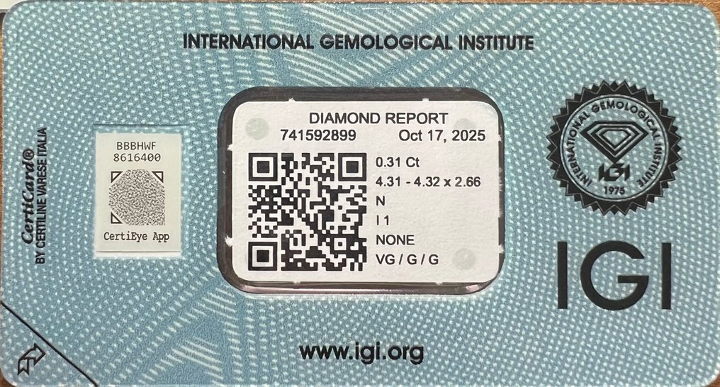 没有保留价 - 1 pcs 钻石  (天然)  - 0.31 ct - 圆形 - N (带色彩的) - I1 内含一级 - 国际宝石研究院（IGI） #3.2