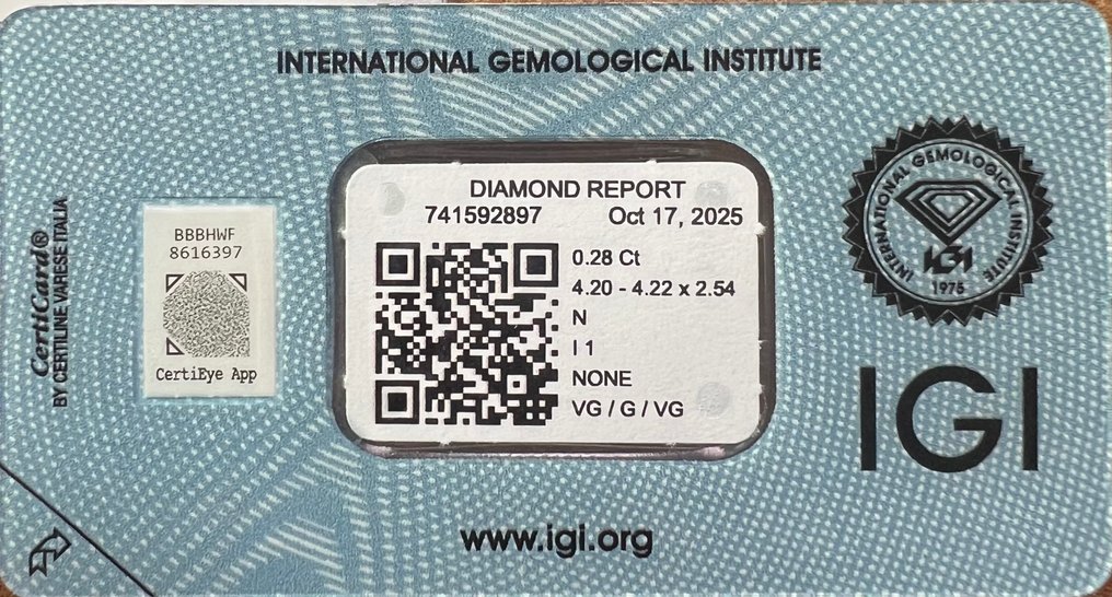 没有保留价 - 1 pcs 钻石  (天然)  - 0.28 ct - 圆形 - N (带色彩的) - I1 内含一级 - 国际宝石研究院（IGI） #3.2