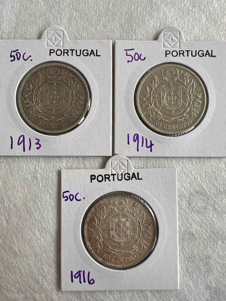 葡萄牙. Republic. 50 centavos 1913/1916 (3 moedas)  (沒有保留價) #1.0