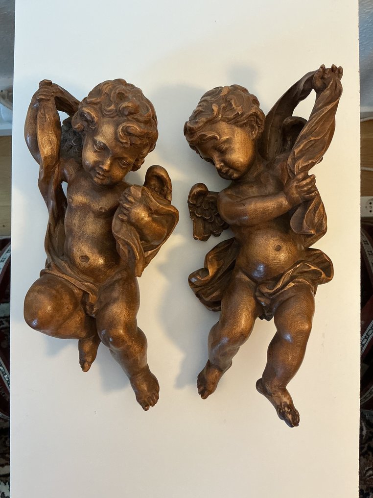 Skulptur, Wood carving. Pair of angels - 29 cm - Lønn #1.0