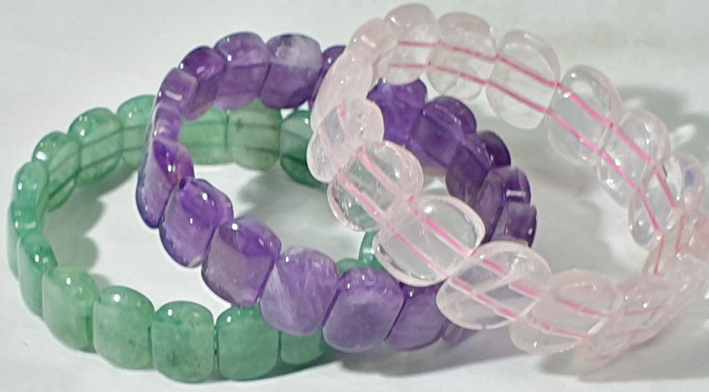 3 条天然手链：粉水晶、紫水晶和绿 Aventurina——优质矿物 - 手镯 #4.3