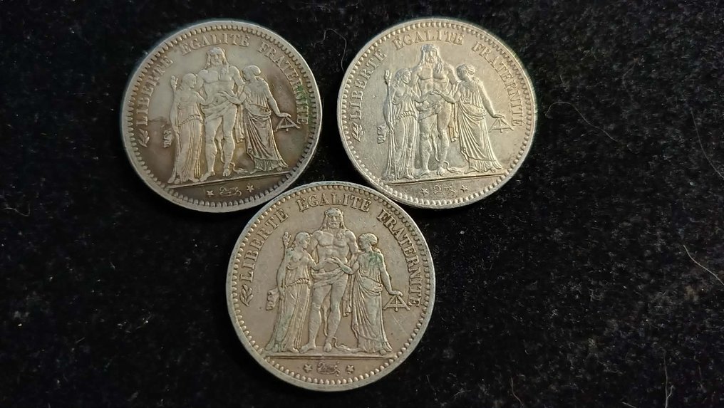 法国. 5 Francs 1873-A, 1875-A & 1876-A Hercule (lot of 3 coins) (没有保留价) #1.0