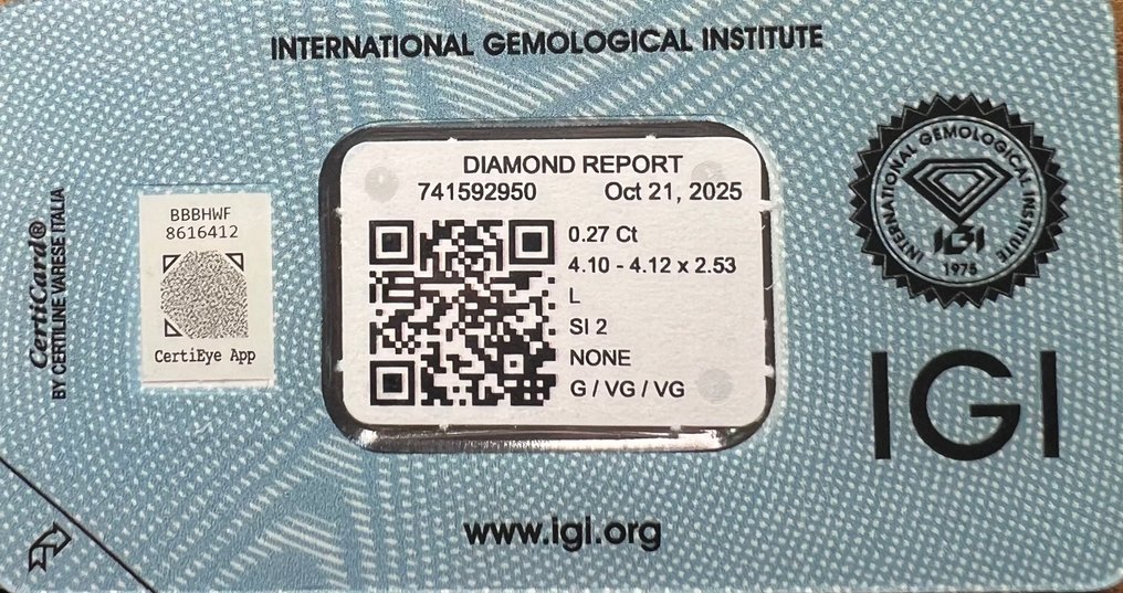 没有保留价 - 1 pcs 钻石 (天然) - 0.27 ct - 圆形 - L - SI2 微内含二级 - 国际宝石研究院(IGI) #3.2