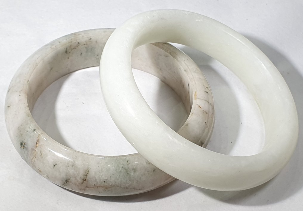 Jade Nefrita - 2 条手链 - 浅绿色和白色 - 一流矿物 - 非常特别 - 手镯 #1.0