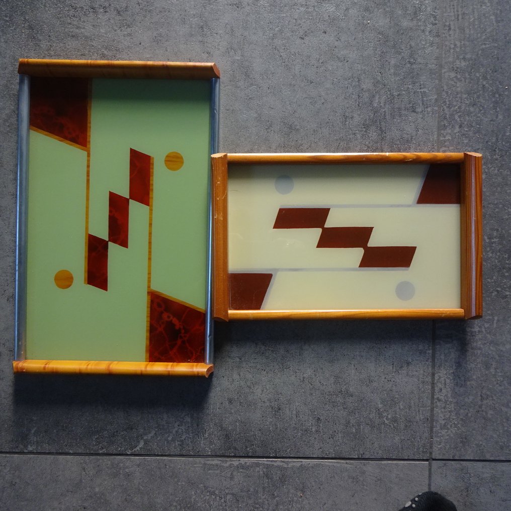 ART DECO - 托盘 (2) - 包豪斯设计，木材，玻璃，金属 - Art Deco #1.0