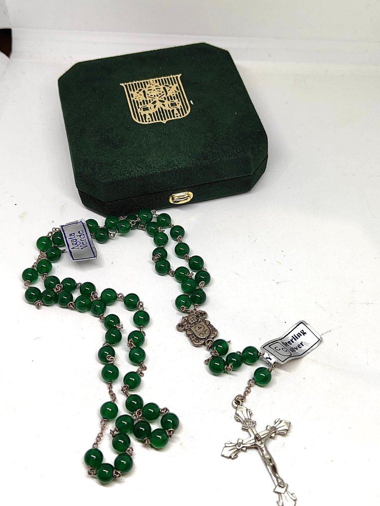  天主教念珠 - 稀有的梵蒂冈念珠，配有弗朗西斯·教皇的面容，采用绿色玛瑙和925纯银制成，华丽非凡。 - 2000-2010  #3.2