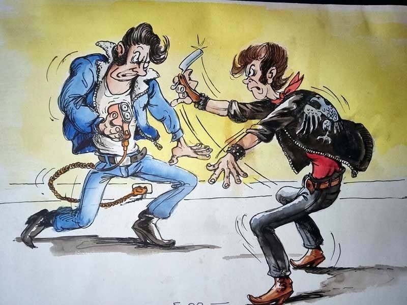 Serre, Claude - 1 Original colour drawing - humour noir - bagarre aux rasoirs - 1984 #1.0