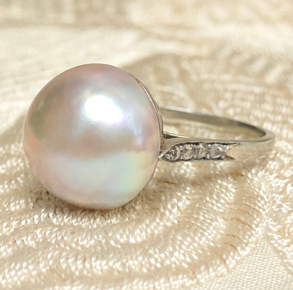 χωρίς τιμή ασφαλείας - Δαχτυλίδι - 18 καράτια Λευκός χρυσός, Πλατίνα -  0.05ct. tw. Μαργαριτάρι - Διαμάντι - Δεκαετίες 1940 #3.2