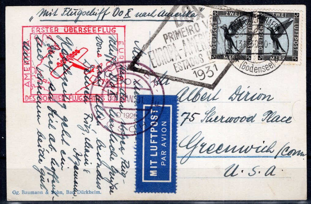 德意志帝國 1931 - DO X 首次跨海飞行在明信片上，前往美国 - Michel 383 #1.0