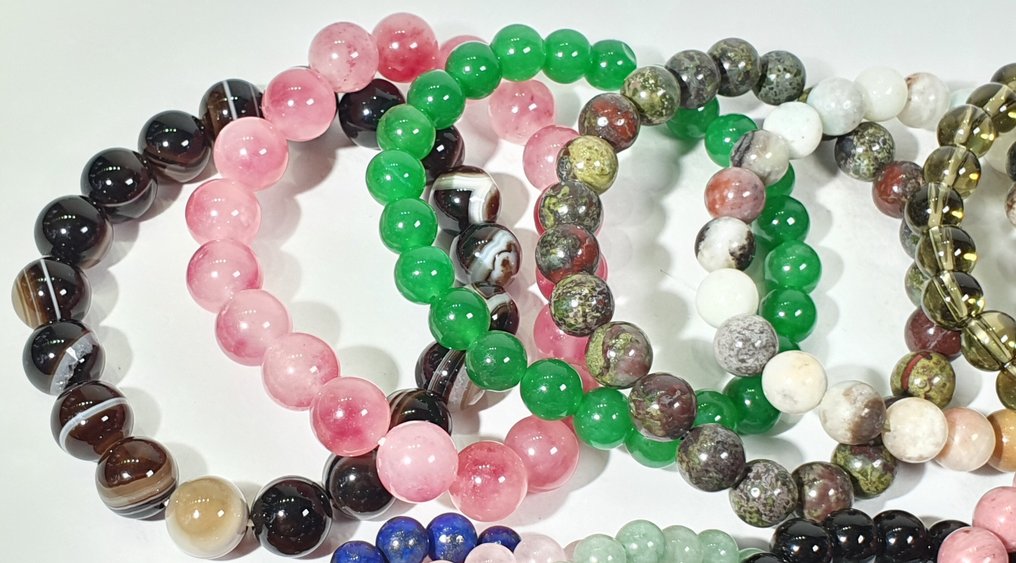 巴西、印度、阿富汗 - 臂章 - 18 条冥想手链——青金石、天青石、玫瑰石、海蓝宝石、粉水晶……——高品质 #3.2