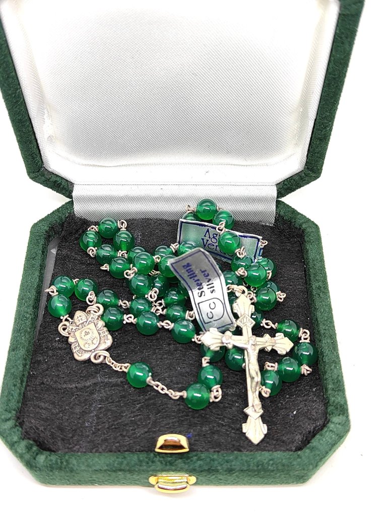  天主教念珠 - 稀有的梵蒂冈念珠，配有弗朗西斯·教皇的面容，采用绿色玛瑙和925纯银制成，华丽非凡。 - 2000-2010  #1.0