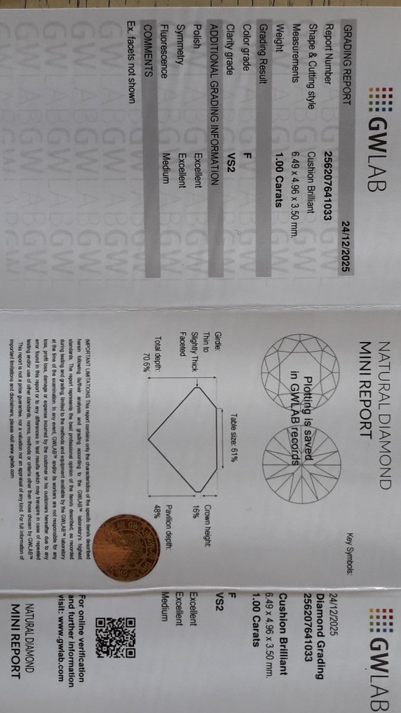 χωρίς τιμή ασφαλείας - 1 pcs Διαμάντι  (Φυσικό)  - 1.00 ct - Κούσιον - F - VS2 - Gemewizard Gemological Laboratory (GWLab) #4.3