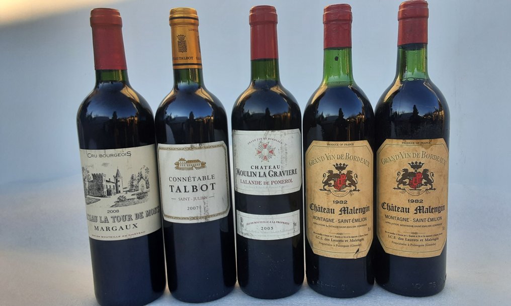 2008 Château La Tour de Mons 2007 Connétable Talbot 2005 Château Moulin La Gravière & - Bordeaux 1982 x 2 Château Malengin - 5 Flaskor (0,75L) #1.0