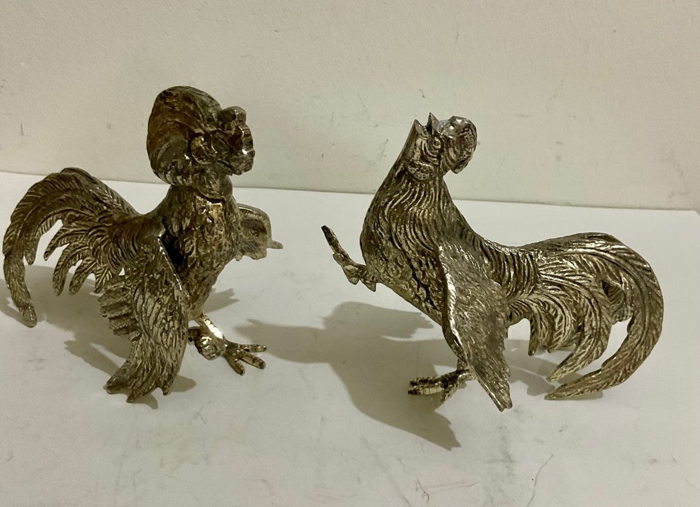 Twee Tinnen Kemphanen (Frankrijk) - Centro de mesa  - Estaño #1.0