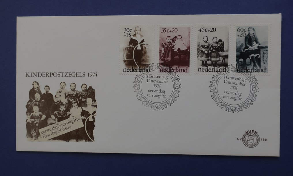 荷兰 1974 - 2x FDC 儿童 1974 偏离棕色 + 缺少黄色加盖 2x Vleeming 证书 - NVPH Specialiteiten catalogus 2e editie E136fa + E136afb #1.0