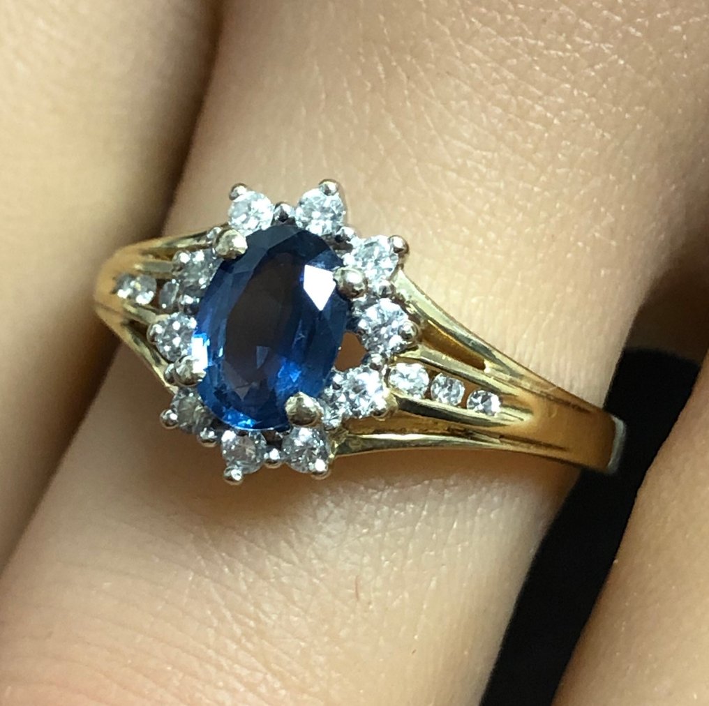 沒有保留價 - 戒指 - 18 克拉 黃金 -  1.01ct. tw. 藍寶石 - 鉆石 - G/VS #3.2