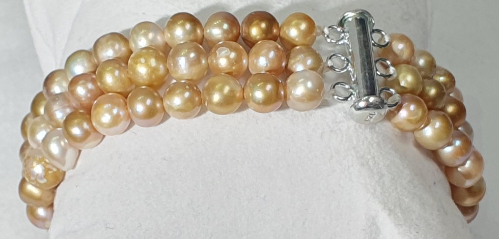 天然淡水金珠 - 3圈 - 纯洁的象征 - 925纯银 - 非常特别 - 手镯 #4.3