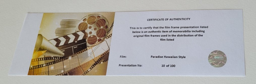 艾維斯·普里斯萊/貓王, Paradise Hawaiian Style - 带有COA的电影胶片装裱 #2.1