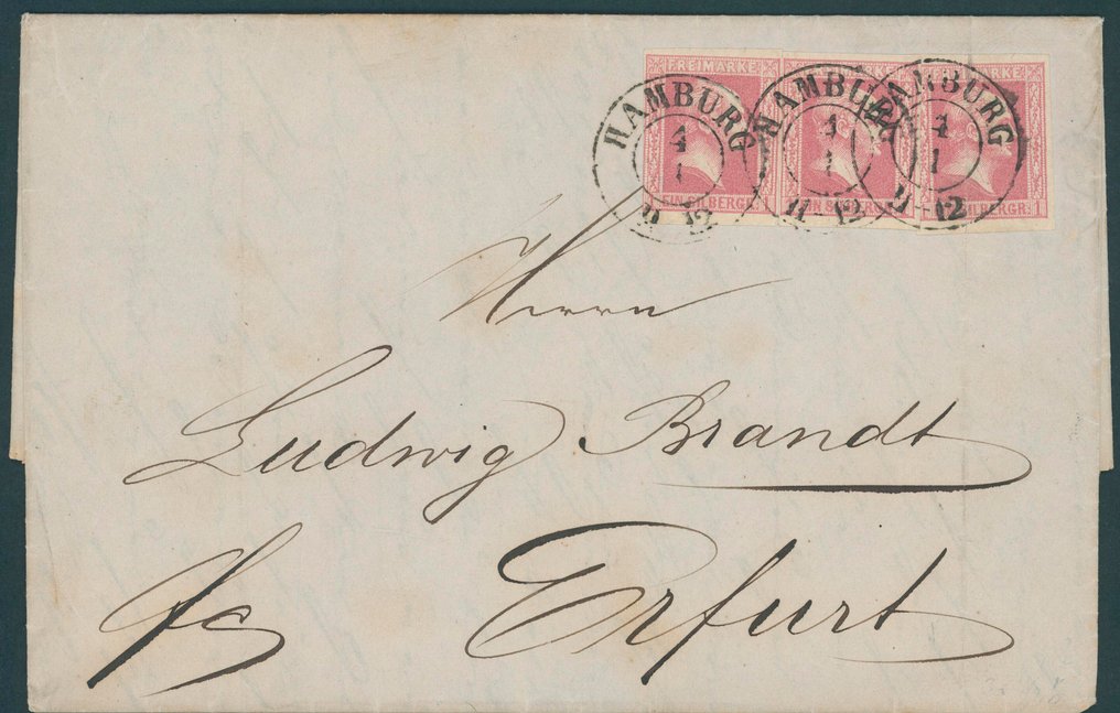 Πρωσία 1857 - Λαμβάνοντας υπόψη 3 γραμματόσημα (μονόγραμμο, ζεύγος, τριπλό στριπ) και 2 γράμματα με πολλαπλές - Lot mit 1 Sgr. glatter Markenhintergrund #3.2