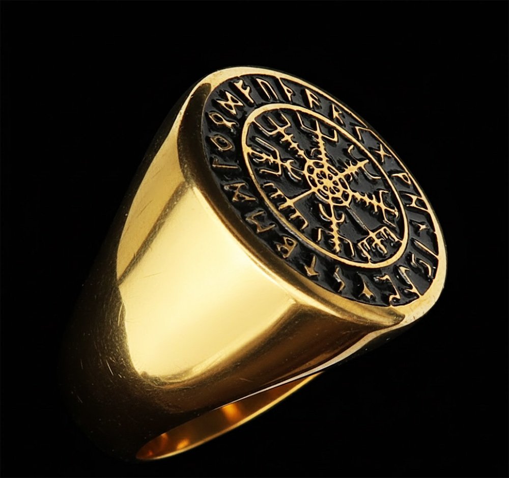 Chevalière Viking Vegvisir & Runes Futhark: Guía Suprema y Protección - Anillo #3.2