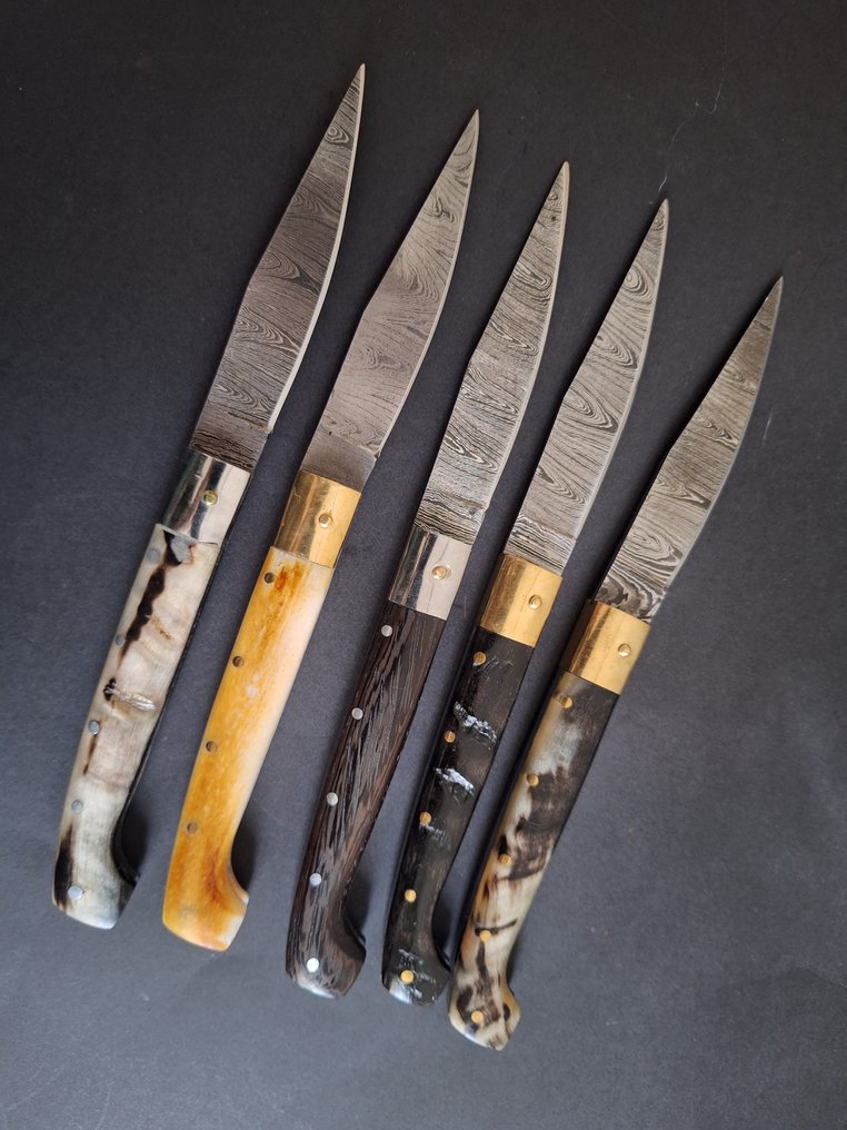 K.Roman K.Romain - Μαχαίρι κουζίνας - Kitchen knife set - Παραδοσιακά μαχαίρια κουζίνας Pattada και μαχαίρια Laguiole Bougna από Γάλλο καλλιτέχνη. - Χάλυβας, Δέρμα, Κέρατο, Ορείχαλκος - Γαλλία - Σχεδιάστηκε από τον K Romain #1.0